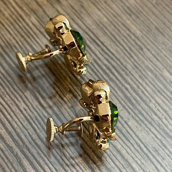 Vintage Lisner AB Emerald Green Peacock Blue Rhinestone Screw Back Clip Earrings - Picture 5 of 15